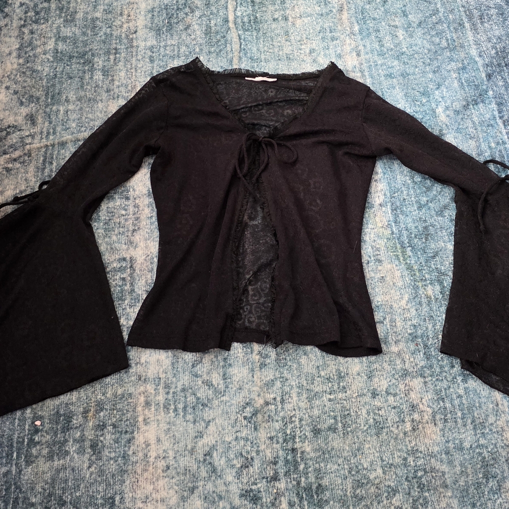 Black Bell Sleeve Tie-Front Top